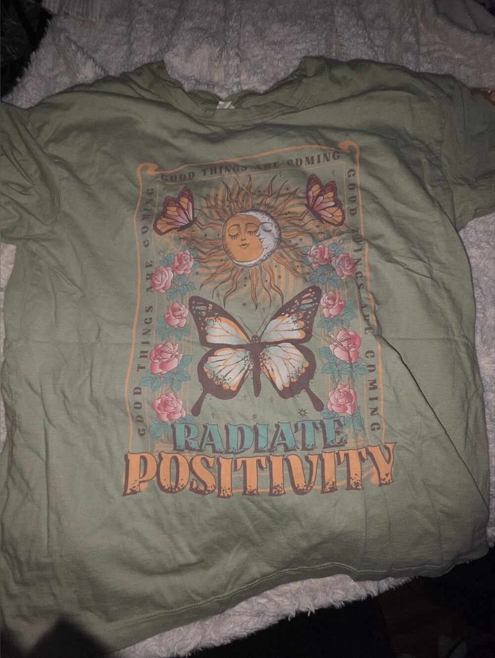 Radiate Positivity Graphic Tee - Sage Green Butterfly Print